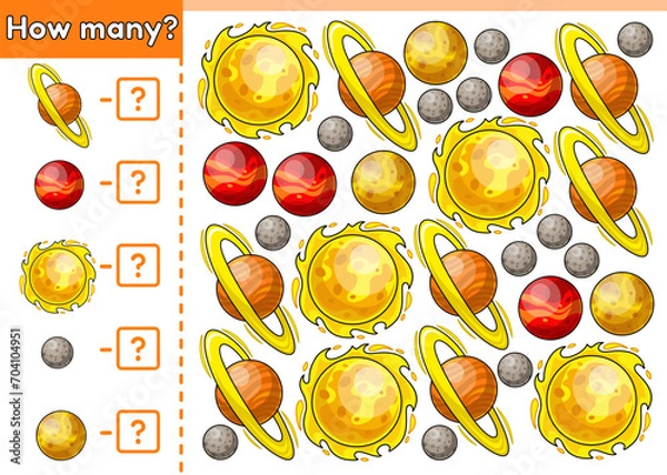 Fototapeta Kids space math game. How many planets of Solar system. Count cartoon planets Venus, Mars, Saturn Mercury, star Sun. Educational counting worksheet for preschool and school education children. Vector.