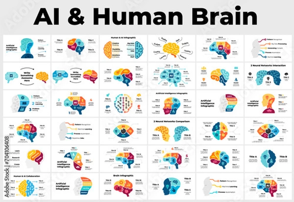 Fototapeta 36 Artificial Intelligence Infographics. Brain Circle Diagram. Machine Digital Knowledge. Deep Learning AI Technology Education. Chip Neural Network. Human Head Anatomy. Medical Healthcare logo icon