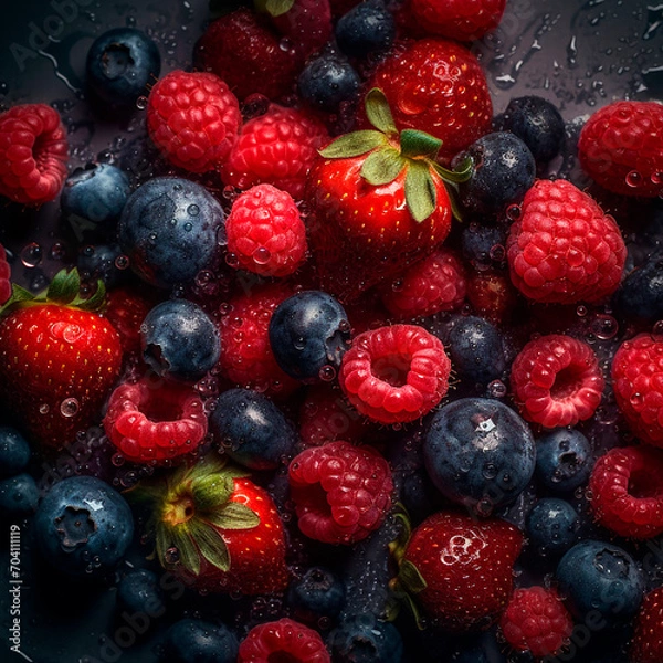 Fototapeta Appetizing fresh strawberries, raspberries and blueberries on a dark background with large drops of water, fruit background, healthy wholesome organic food