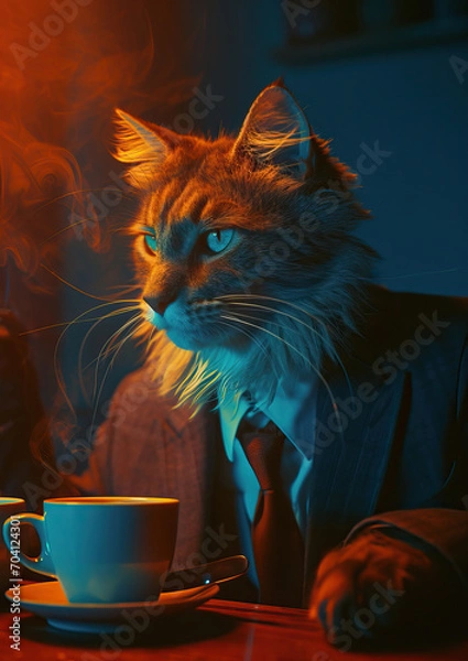 Obraz Cat drinking coffee at the cafe in suit and tie
