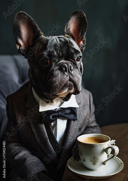 Obraz French Bulldog drinking coffee at the cafe in suit and tie