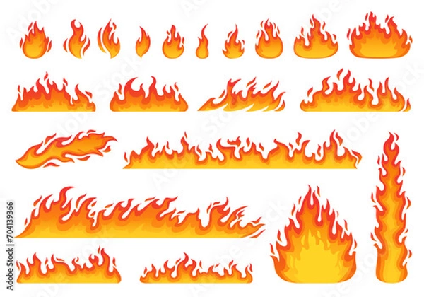 Obraz Cartoon fire flames set. Hot bonfire elements, burning effects, hell blaze. Vector symbols for campfire, fireballs or torch