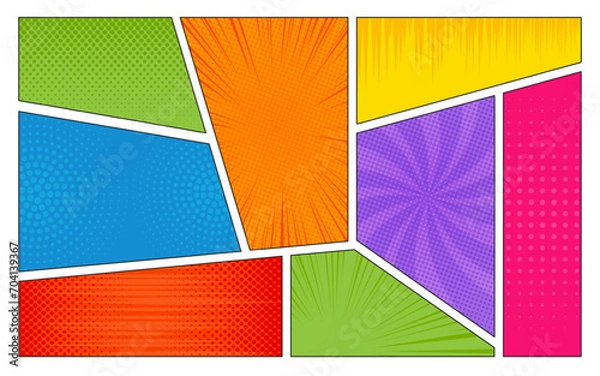 Fototapeta Comic book page template in pop-art style with halftone effects and speed lines. Vector comics horizontal background with colorful frames