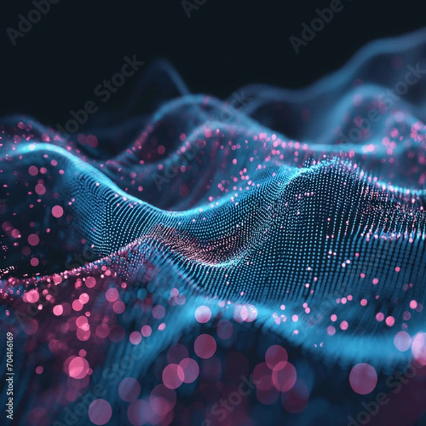 Obraz Abstract wave with moving dots and lines. Flow of particles. Cyber technology for abstract background,  Digital data wave for abstract background.