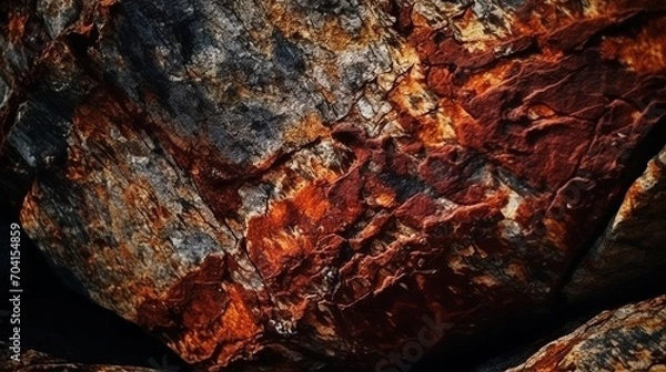 Fototapeta Dark red orange brown rock texture with cracks. Close-up. Rough mountain surface. Stone granite background for design. Nature. Wide banner. Design concept. Banner concept. Art concept. Rock concept.