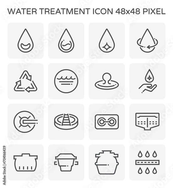 Fototapeta Water treatment, purification and filtration vector icon. Include clean water drop, filter, septic, grease trap and sedimentation storage tank for recycle wastewater by remove sewage, sludge. 48x48 px