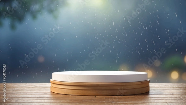 Fototapeta podium for product presentation with blurred rain background