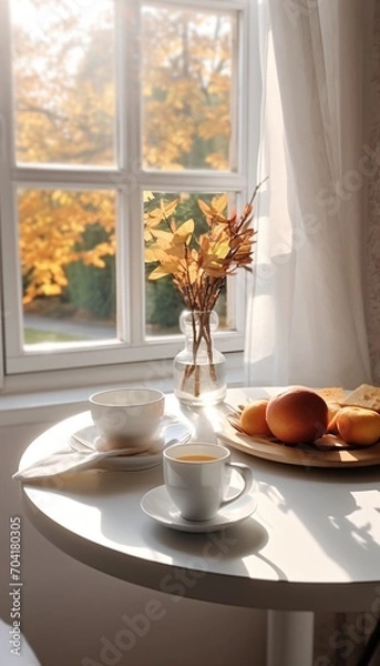 Fototapeta Elegant indoor dining table with white ceramic cups and plates by the window