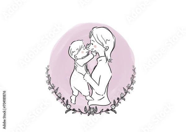 Obraz 赤ちゃんを抱く女性と草花の水彩イラスト