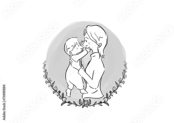 Fototapeta 赤ちゃんを抱く女性と草花の白黒イラスト