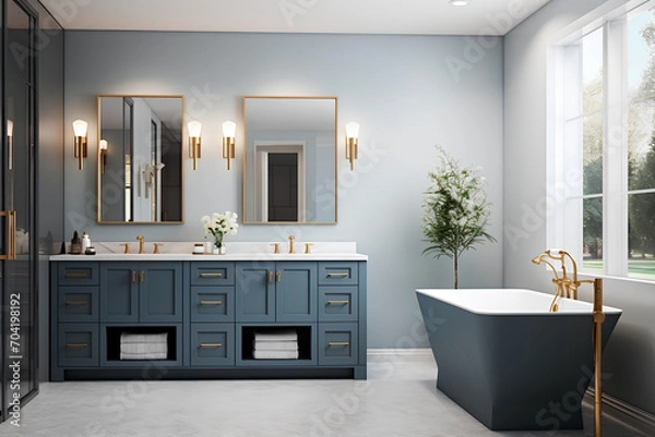 Obraz Brand new luxury home showcases a beautiful bathroom flooded with light, featuring a spacious vanity with dark blue cabinets, two sinks, a bathtub, circular mirrors, and a stylish closet.