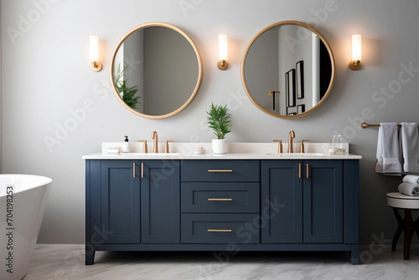 Obraz Brand new luxury home showcases a beautiful bathroom flooded with light, featuring a spacious vanity with dark blue cabinets, two sinks, a bathtub, circular mirrors, and a stylish closet.