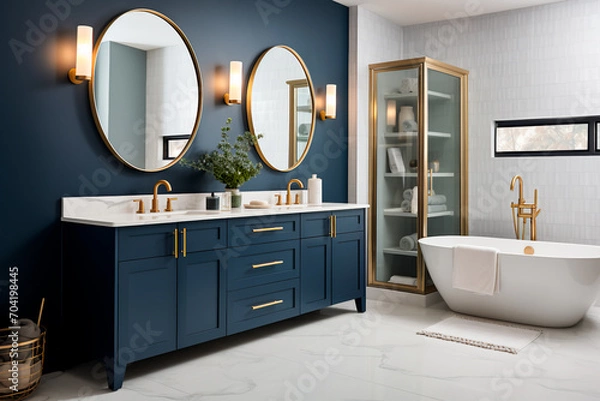 Obraz Brand new luxury home showcases a beautiful bathroom flooded with light, featuring a spacious vanity with dark blue cabinets, two sinks, a bathtub, circular mirrors, and a stylish closet.