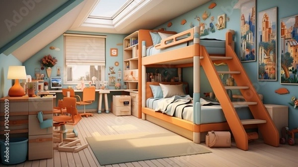 Fototapeta 3D rendering of a cozy children's bedroom with a blue and orange theme