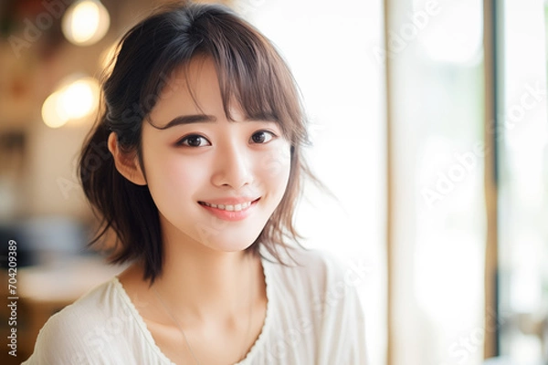 Fototapeta 明るい室内でこちらを見つめる笑顔の女性