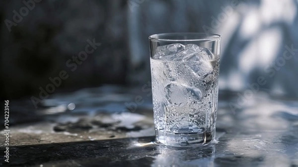 Obraz Crystal Clear Glass of Sparkling Water with Ice Cubes on a Reflective Surface, Illuminated by Natural Light