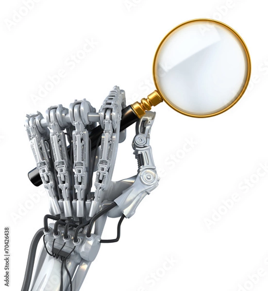 Obraz Robot's arm with magnifier. Technology 3d illustration