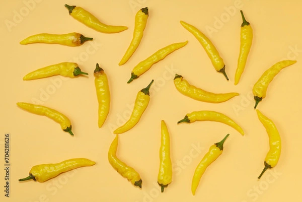 Obraz 黄色系唐辛子をランダムに複数配置した黄色系背景あり真俯瞰撮影