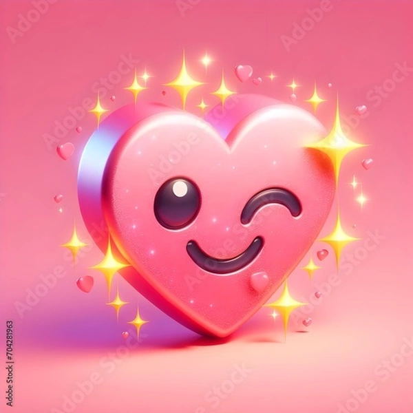 Obraz 3d hearts emoji with shine icon stars sparkle firework, decoration twinkle. Button for expressing social smileys valentine's day concept design. cartoon creative design