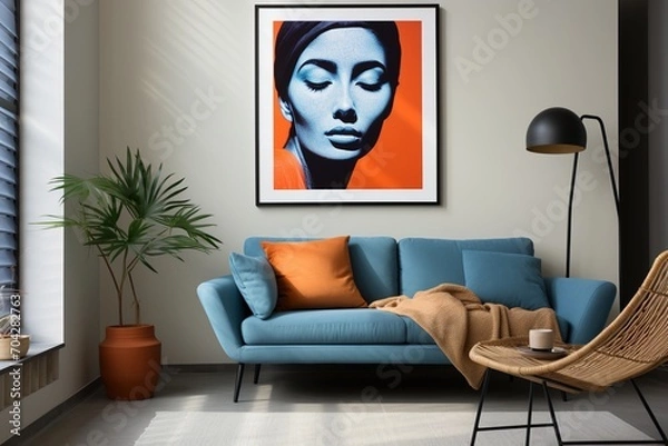 Fototapeta Blue and orange living room interior with a painting of a woman