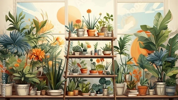 Fototapeta An illustration of a room with many plants in pots on shelves and on the floor near a large window