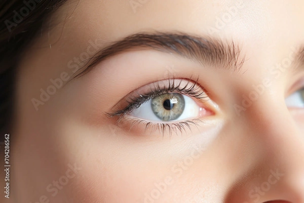 Fototapeta A cute woman's open eye luminous skin, surrounded by a minimalist, modern white background