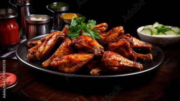 Fototapeta Fried wings on a plate. Selective focus.
