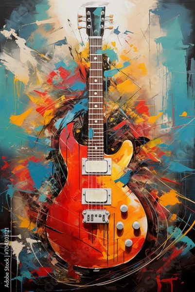 Fototapeta Abstract Guitar Painting in Pop Culture Collage Bursting with Vibrant Colors and Celestialpunk Whimsy