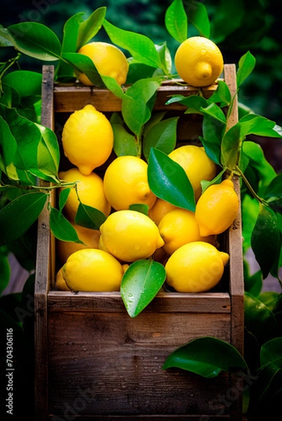 Fototapeta Harvest Lemons in a box in the garden. Selective focus.