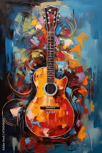 Fototapeta Oil Painting of Artists Music Guitar on Canvas Sanriocore Vibrancy with Dark Turquoise and Brown Palette