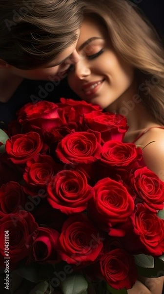 Fototapeta Bouquet of red roses with beautiful heart. Generative Ai