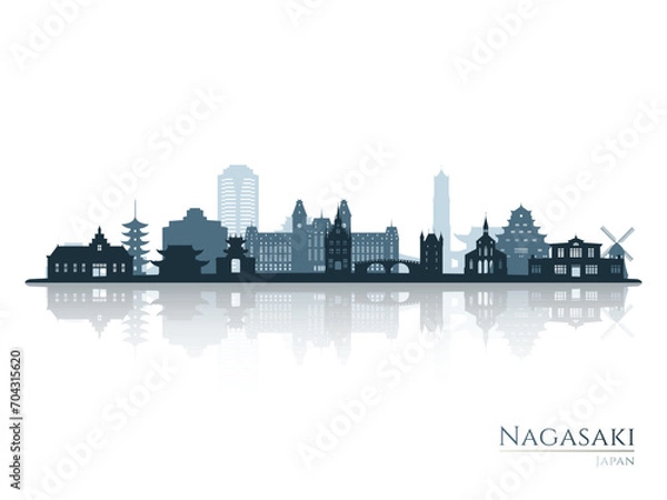 Fototapeta Nagasaki skyline silhouette with reflection. Landscape Nagasaki, Japan. Vector illustration.