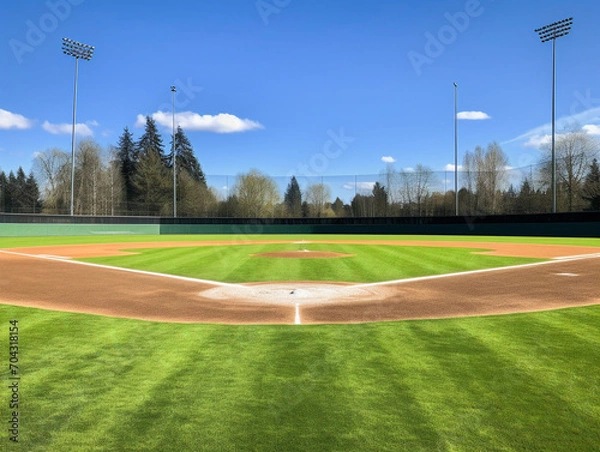 Fototapeta An overhead view of a perfectly maintained baseball diamond with bases and pitchers' mounds.