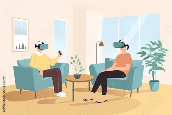 Fototapeta Two elderly people using virtual reality headsets