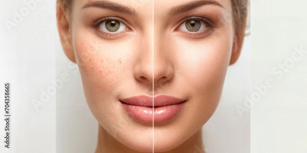 Fototapeta  A woman is smiling with a split image of her face on each side. One side has flawless skin, the other side has spots and acne. Cosmetics advertising. Before and after..