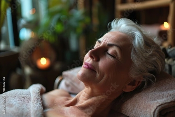 Fototapeta An elderly gray-haired woman relaxes at home. The concept of healing, relaxation, rejuvenation and restoration of the body.  Еmpty space for text.