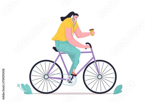 Fototapeta Funny smiling woman with coffee riding on bicycle. Cute vector illustration in flat style