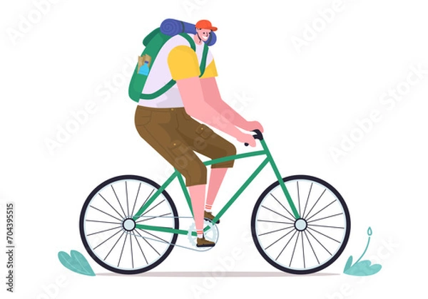 Fototapeta Funny smiling man with backpack ride on bicycle. Vector illustration of tourist on bike