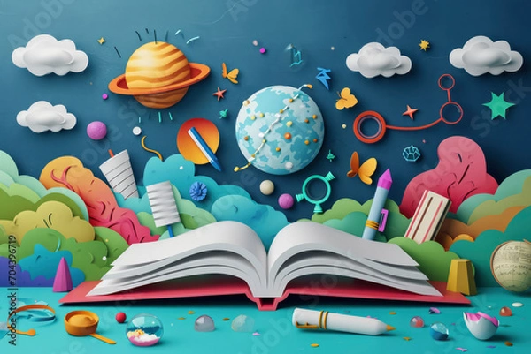 Obraz Back to school papercut vector. School supplies flying out of open book over science background layered craft art style
