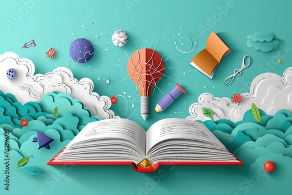 Obraz Back to school papercut vector. School supplies flying out of open book over science background layered craft art style