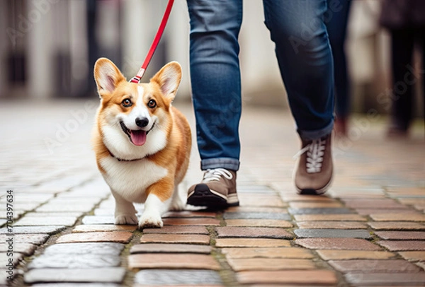 Fototapeta Corgi Walking Down Street With Owner, A Delightful Scene of a Lively Pet Enjoying a Stroll