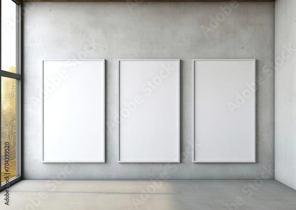 Fototapeta Empty Room With Three White Frames on Wall