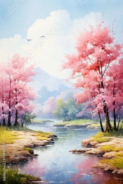 Fototapeta Abstract outdoor natural background, beautiful spring landscape colorful in watercolor style