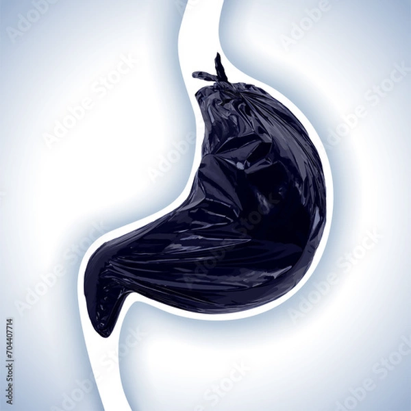 Fototapeta 3D illustration of a stomach-shaped garbage bag can be compared to the stomach of a person who eats dirty, poor quality food. Used in medicine in advertising and commerce