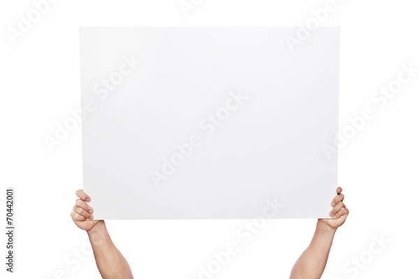 Fototapeta Hands holding a blank banner, isolated on white