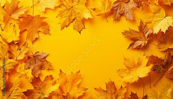 Obraz The fall composition is in the form of a square bordered by bright maple leaves on a yellow background. Seasonal concept mock-up, Textured Autumn leaf background with room for copy space.