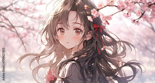 Fototapeta 満開の桜と女子生徒卒業・入学シーズンイメージ