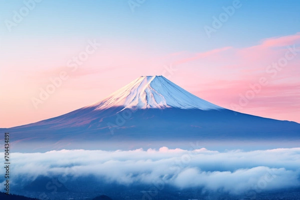 Fototapeta 一面に広がる雲海と朝焼けに染まる富士山
