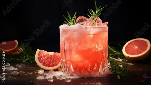 Fototapeta Grapefruit cocktail with lemon, rosemary and ice