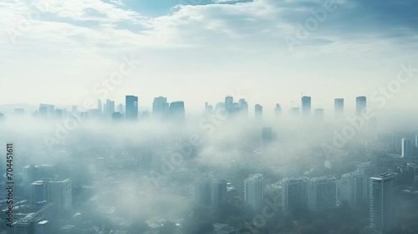 Fototapeta Aerial view of a big city covered in smog or pollution. drone view 